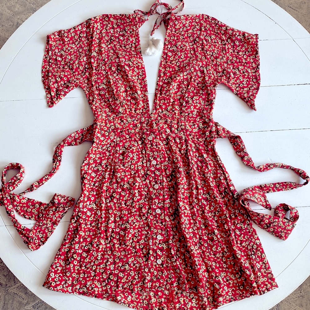 Faithfull the brand, Red Floral Mini Dress, XS